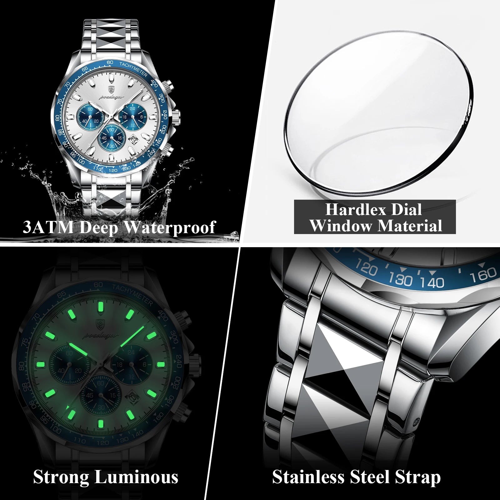 POEDAGAR Luxury Men’s Quartz Watch – Waterproof Luminous Stainless Steel Chronograph with Date