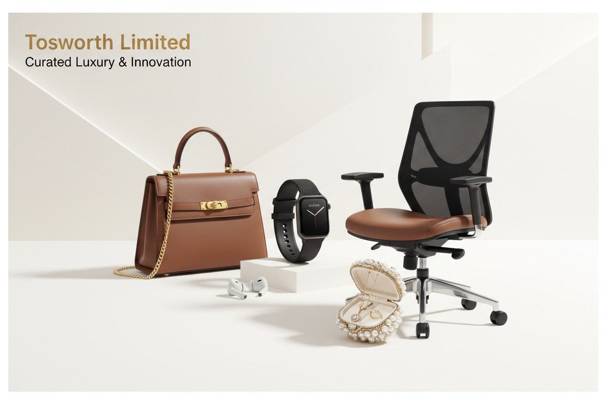 Create high-quality Shopify website banners for Tosworth Limited, an online store that sells a mix of products including handbags, women’s fashion bags, crossbody bags, jewelry-style clutches, luxury PU handbags, watches, digital wristwatches, earphones, microphones, speakers, smartwatches, mini cameras, action cameras, office chairs, magnetic accessories, chargers, and tech gadgets.