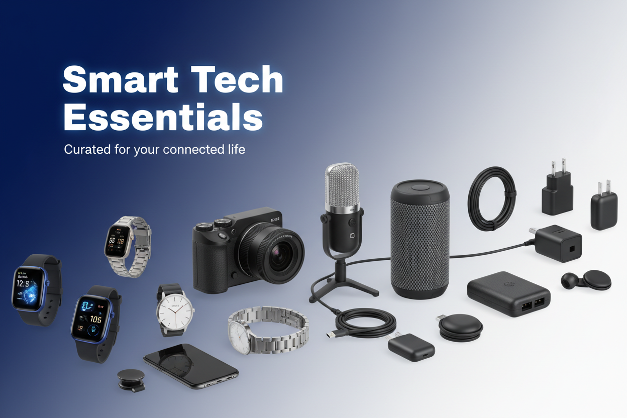 Create high-quality Shopify website banners for Tosworth Limited, an online store that sells a mix of products including handbags, women’s fashion bags, crossbody bags, jewelry-style clutches, luxury PU handbags, watches, digital wristwatches, earphones, microphones, speakers, smartwatches, mini cameras, action cameras, office chairs, magnetic accessories, chargers, and tech gadgets.Show products like smartwatches, wristwatches, mini cameras, microphones, speakers, chargers, and accessories.
Headline: “Smar